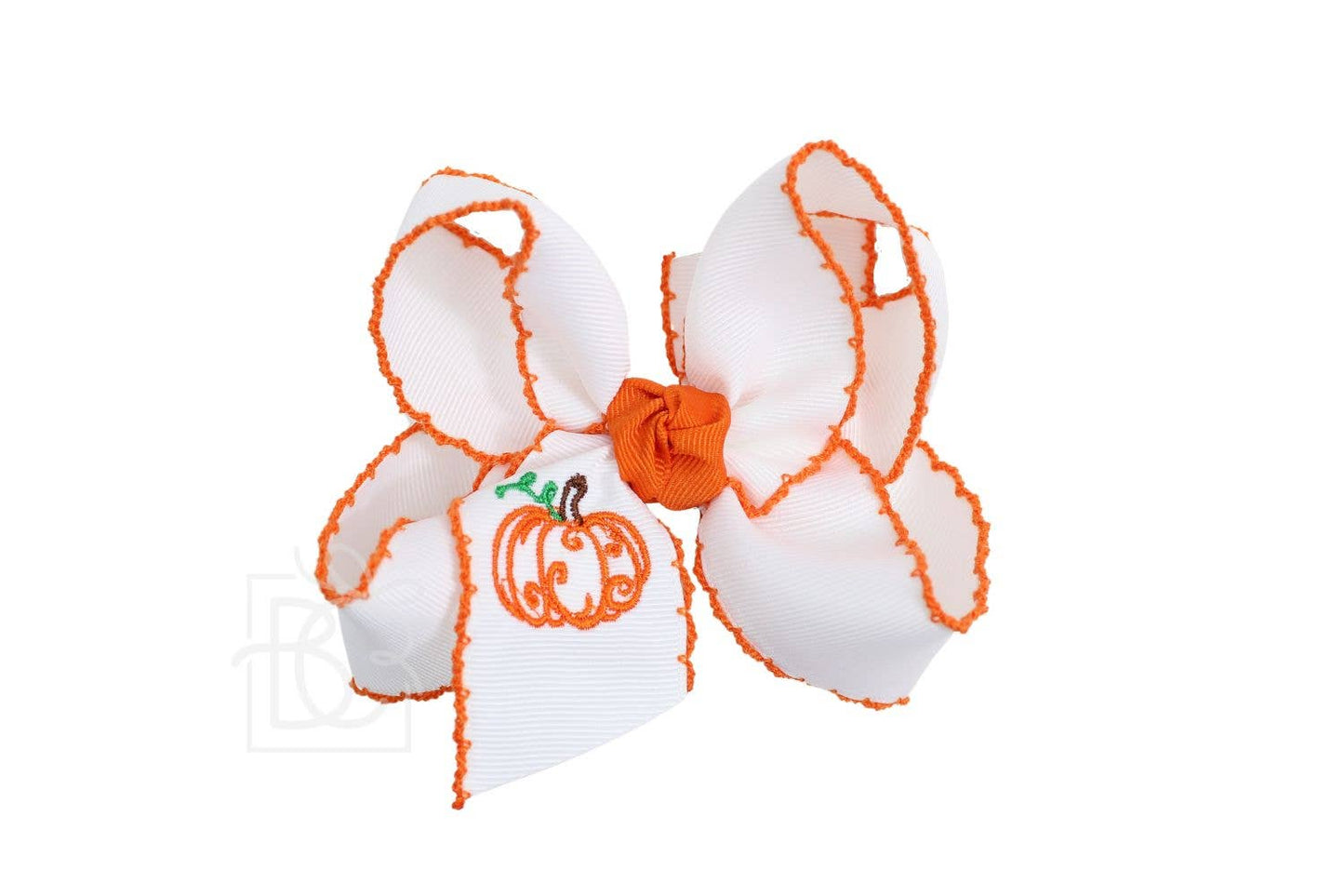 Embroidered Pumpkin Crochet Edge Bow: White-Orange Crochet Edge W/ Embroidered Orange Pumpkin / 4.5" Large - 1.5" Crochet Edge Grosgrain Ribbon