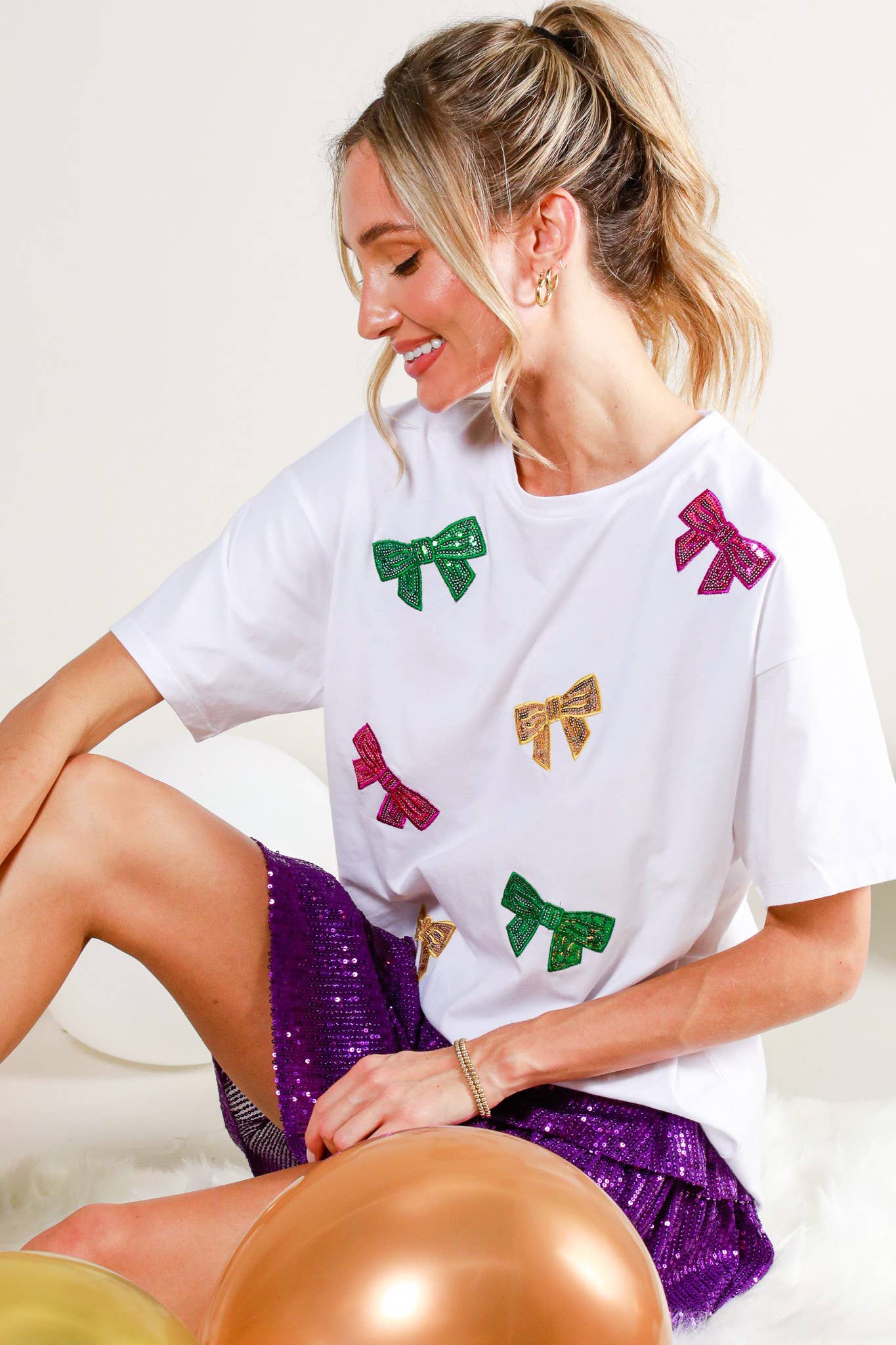 Mardi gras. Short Sleeve Sequin Bow Shirt