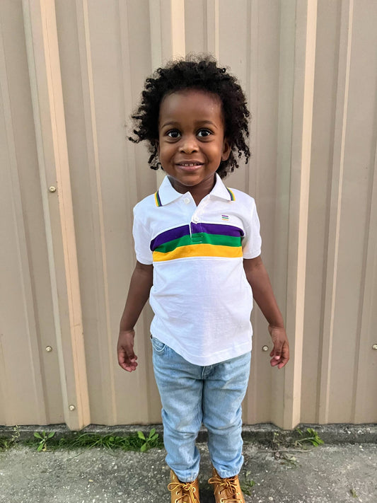 White Chest Stripe Toddler Short Sleeve Mardi Gras Polo