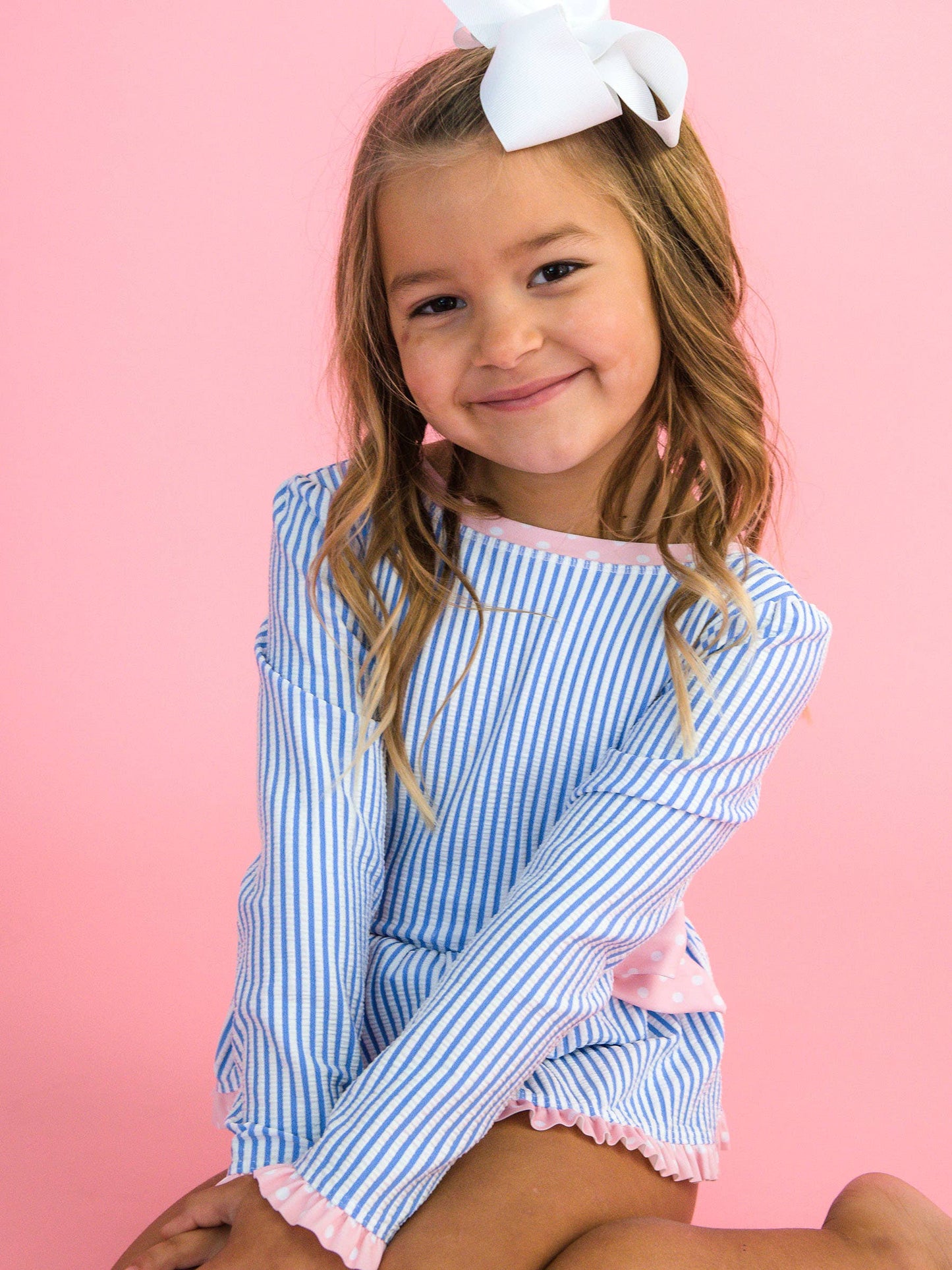 Girls Periwinkle Blue Seersucker Long Sleeve One Piece Bow Peplum Rash Guard Swimsuit
