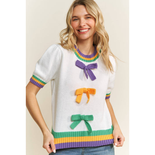 MARDI GRAS BOW DETAIL PUFF SLEEVE PULLOVER TOP