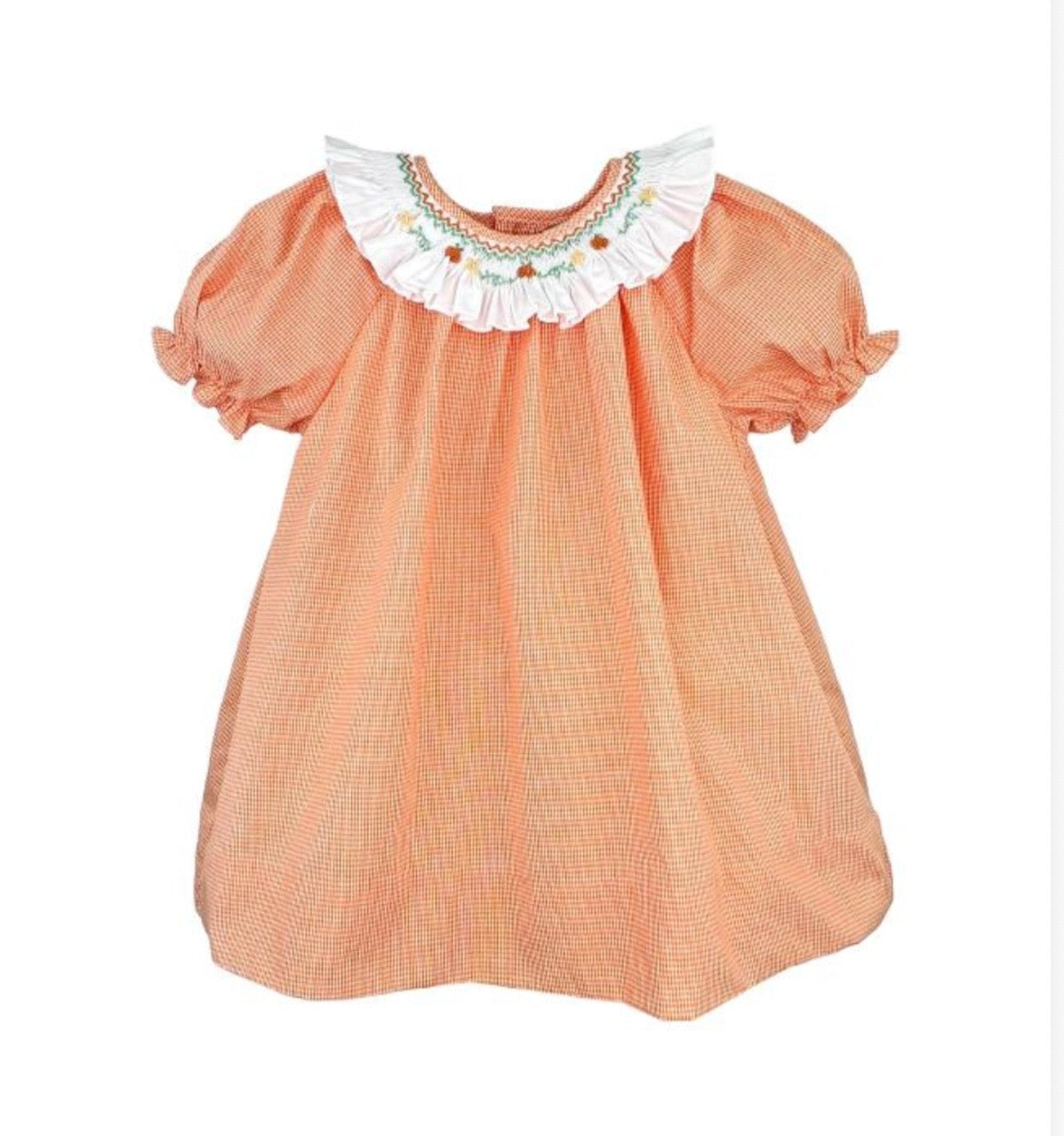 Orange Micro-check Dress W/ Smocked Collar & Bullion Pumpkins