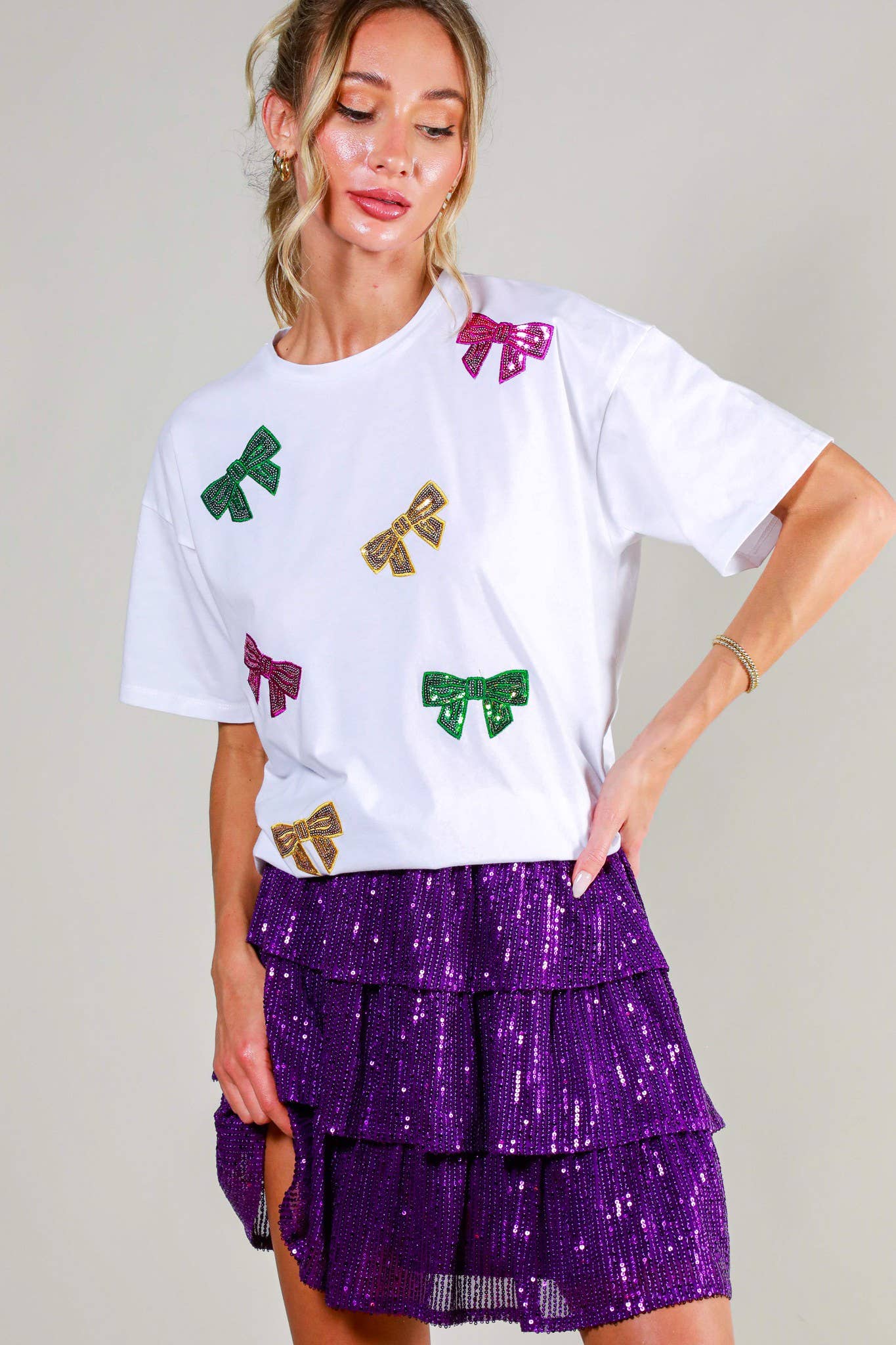 Mardi gras. Short Sleeve Sequin Bow Shirt