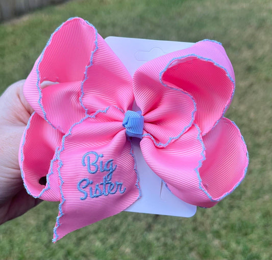 Big Sister Pink/Blue Moonstitch Hair Bow: 5.5 inch