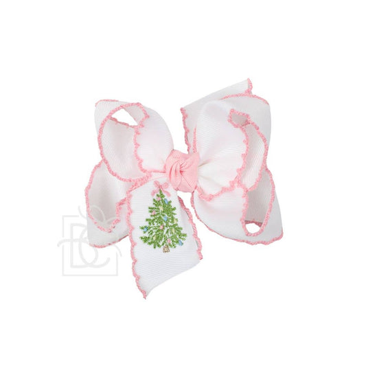 EMBROIDERED CHRISTMAS TREE CROCHET EDGE BOWS: White w/ Light Pink Crochet Edge / 4.5" Large