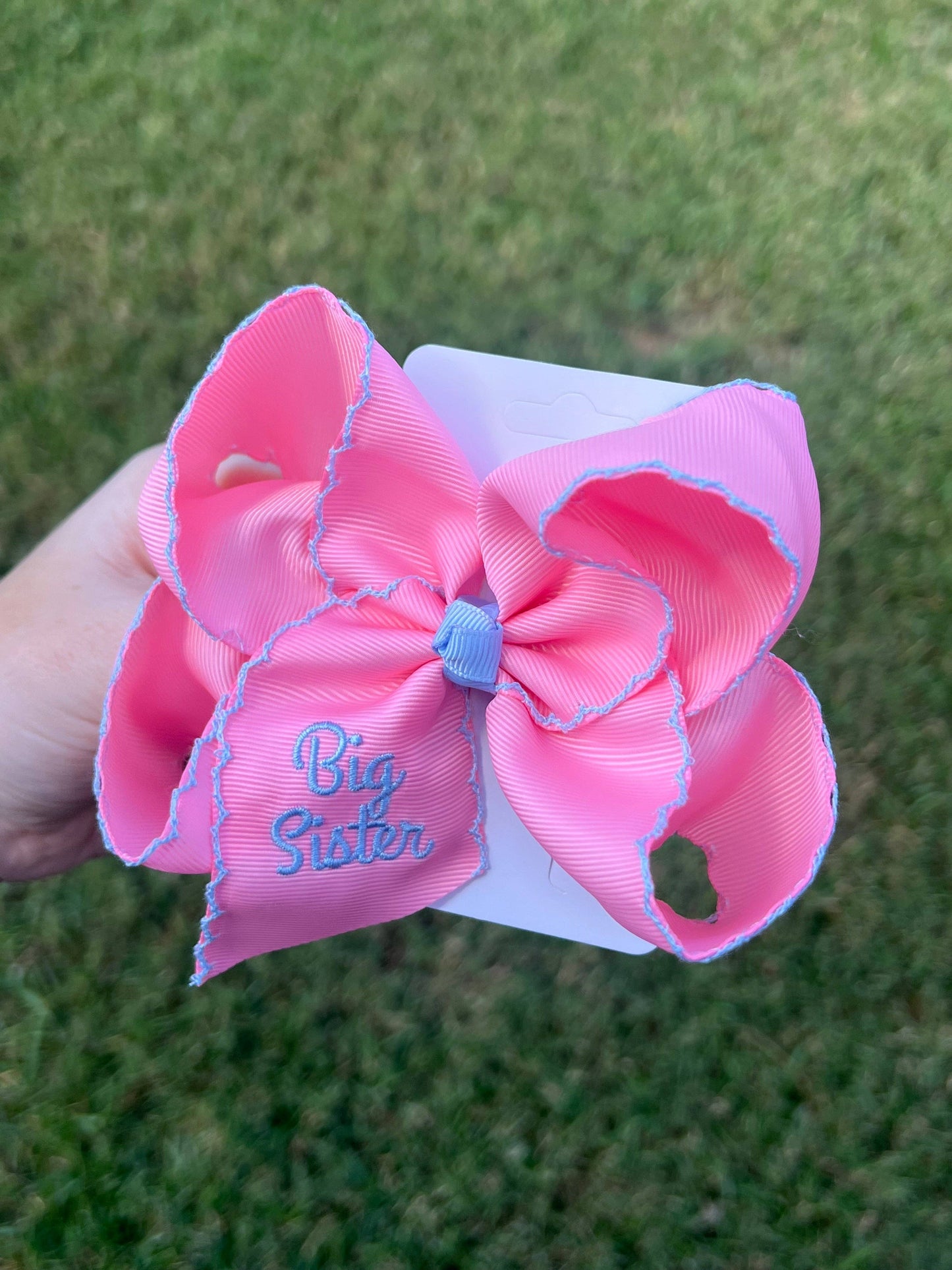 Big Sister Pink/Blue Moonstitch Hair Bow: 5.5 inch