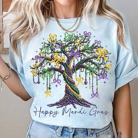 Coquette Mardi Gras White Tree T-Shirt, Gold Glitter