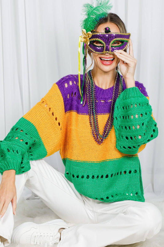 Color Block Mardi Gras Open-Knit Crochet Sweater