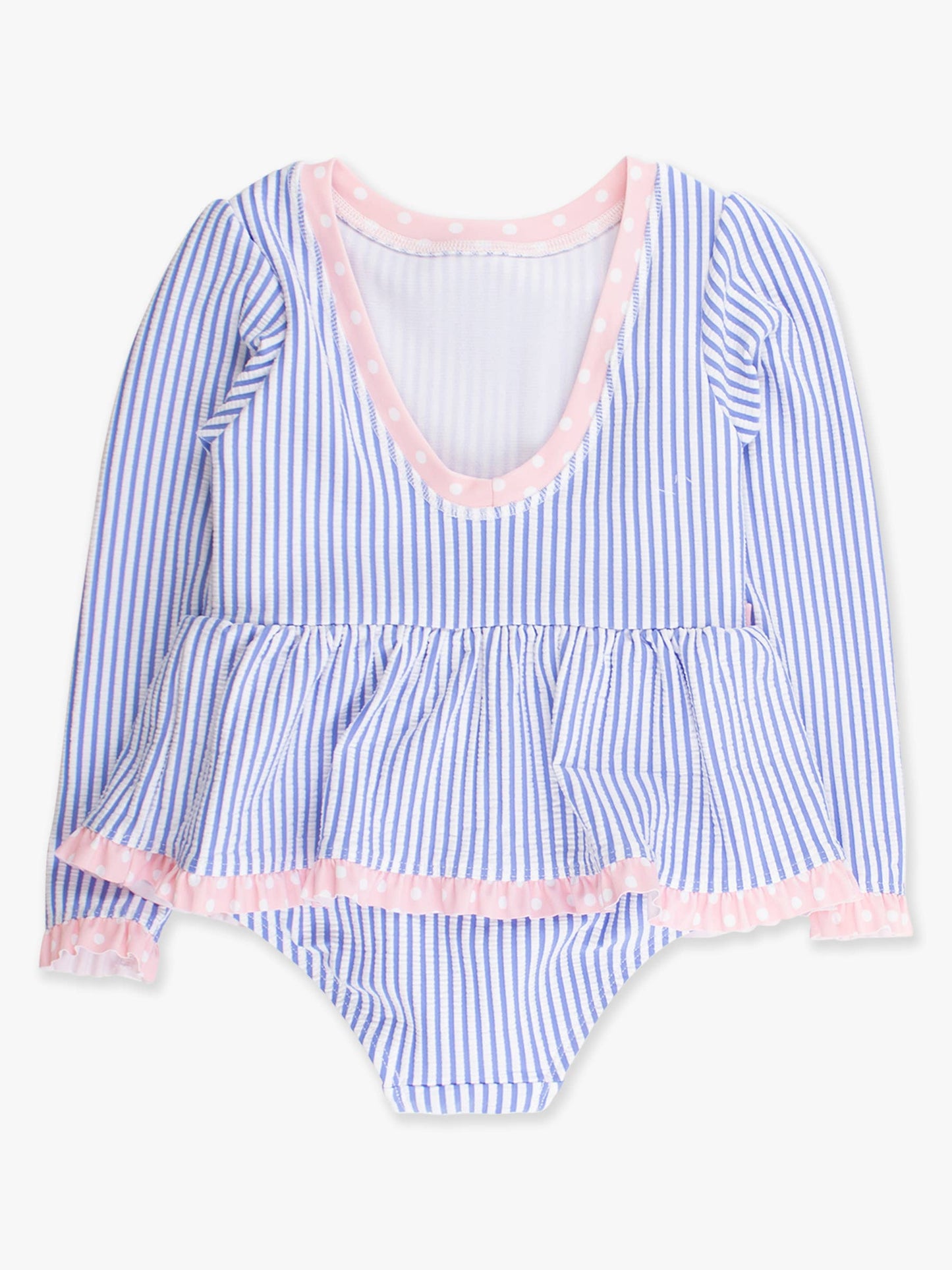 Girls Periwinkle Blue Seersucker Long Sleeve One Piece Bow Peplum Rash Guard Swimsuit