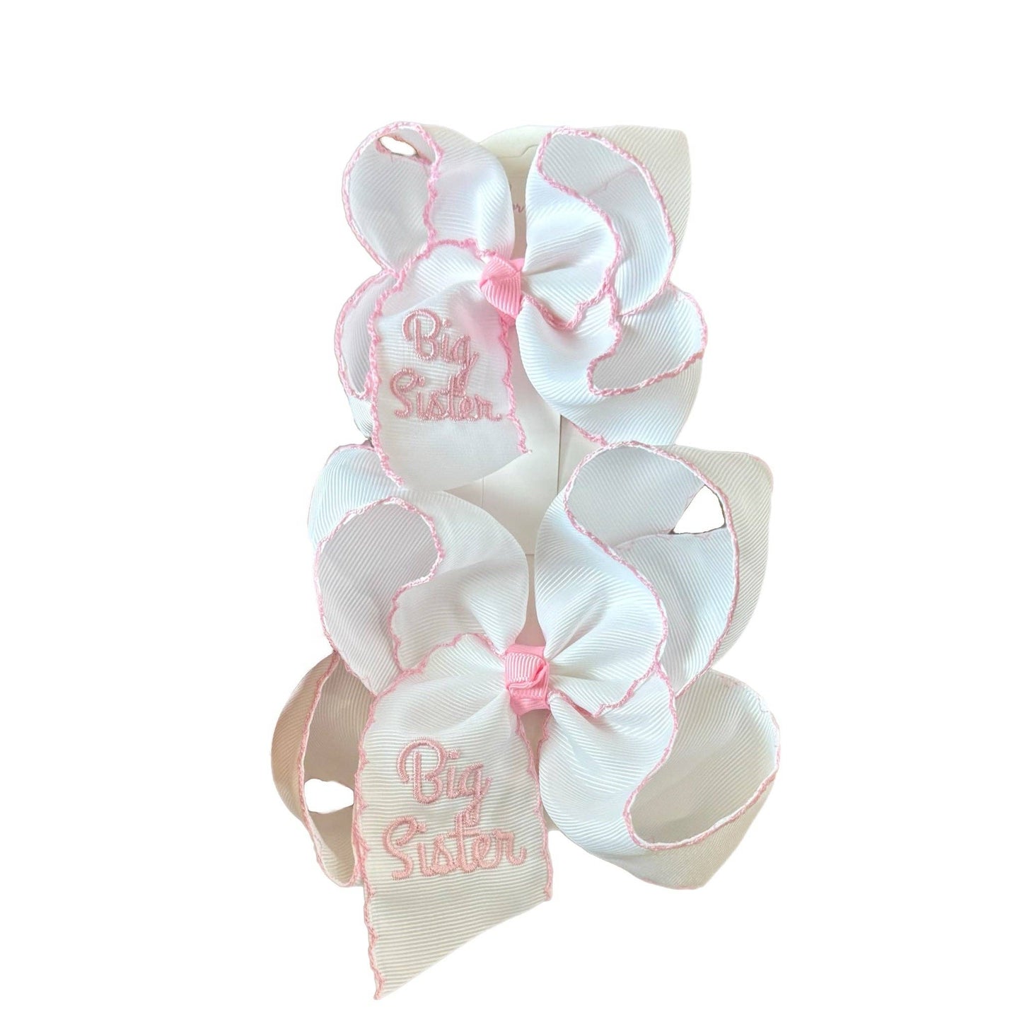 Big Sister Embroidered Moonstitch Hair Bow: Blue or Pink