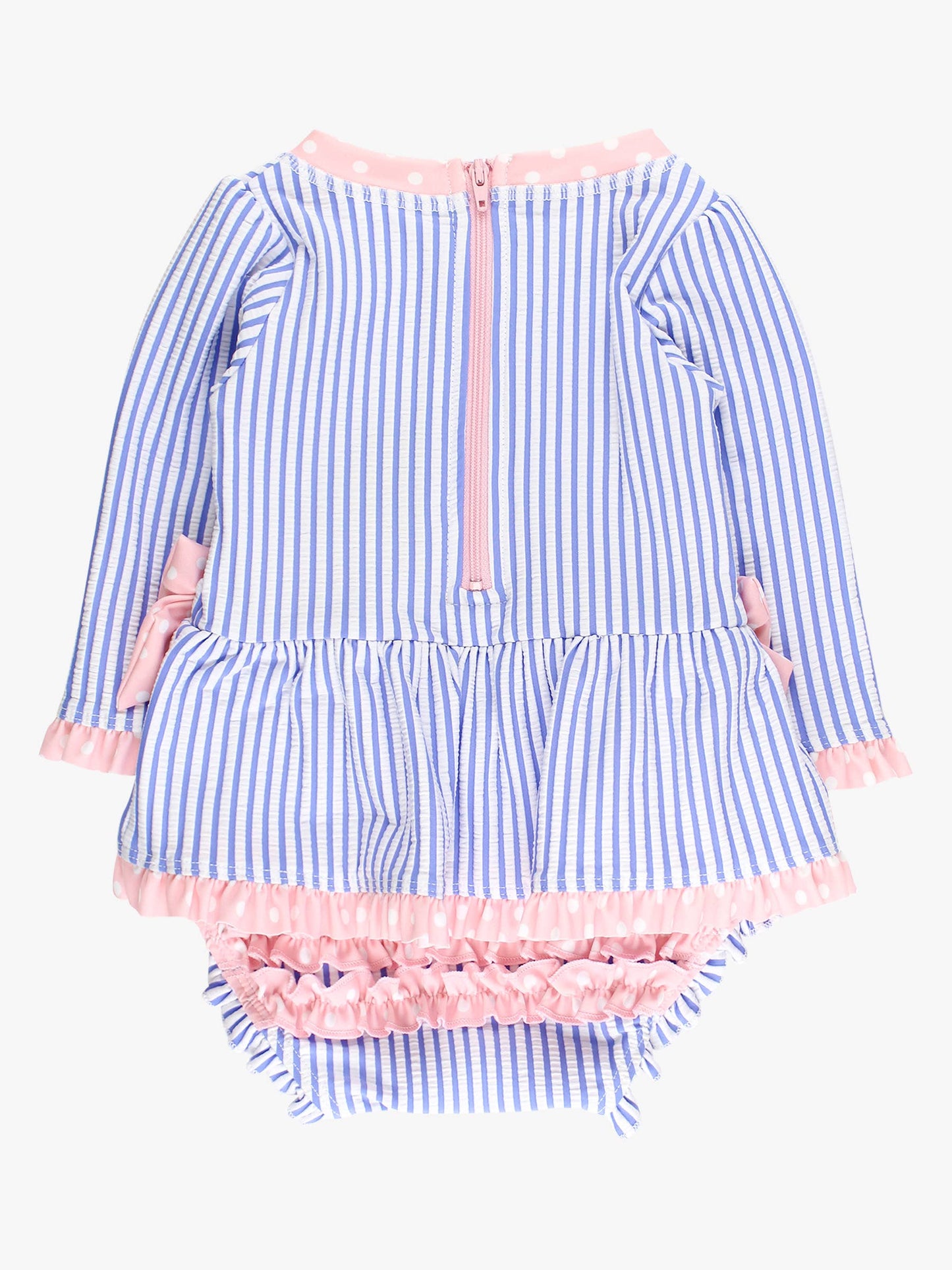 Baby Girls Periwinkle Blue Seersucker Long Sleeve One Piece Bow Peplum Rash Guard Swimsuit with Signature Rear Ruffles