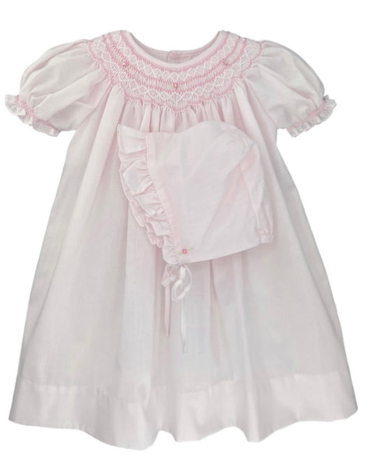 Pink smocked daygown with pearls without pleated bottom