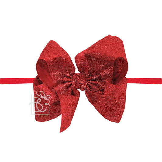 Red 1/4 in PANTYHOSE HEADBAND W/GLITTER METALLIC BOW: 4.5"
