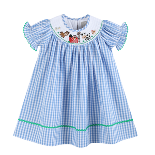 Blue Gingham Farm Smocked Bishop Dress