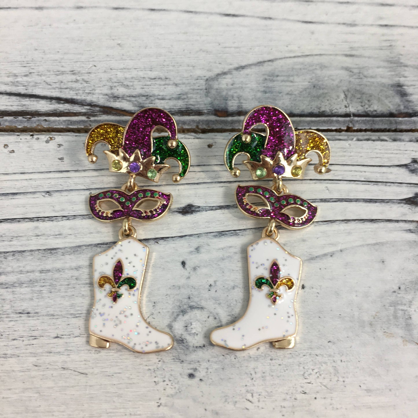 Mardi Gras themed enamel dangle earrings
