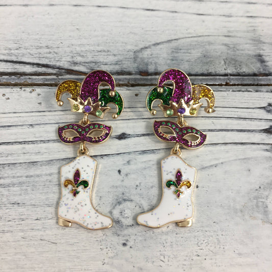 Mardi Gras themed enamel dangle earrings