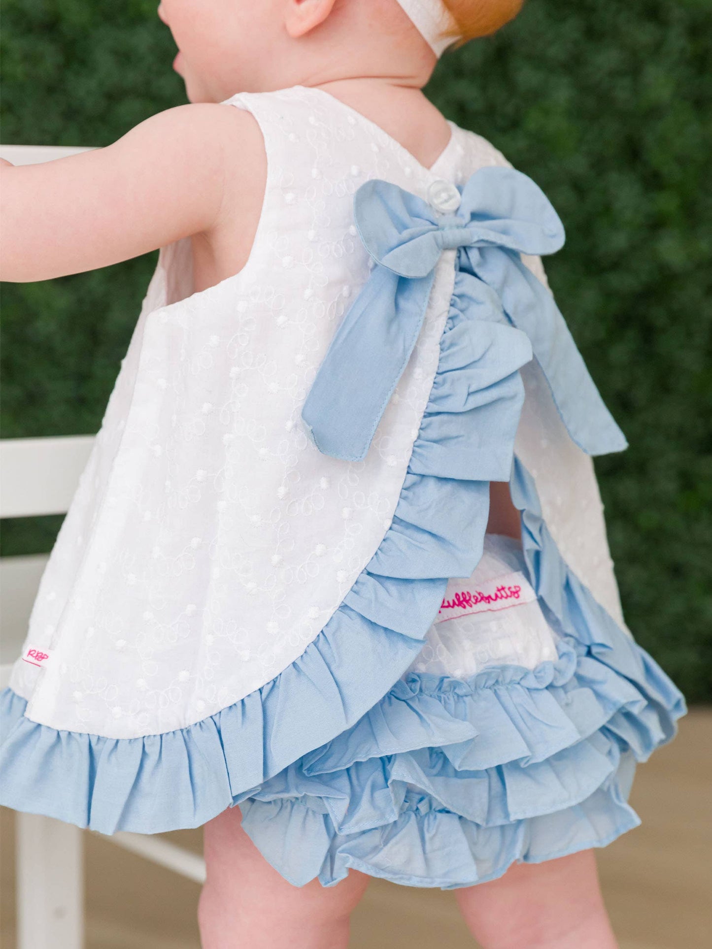 White & Light Blue Swiss Dot Swing Top & Bloomer Set