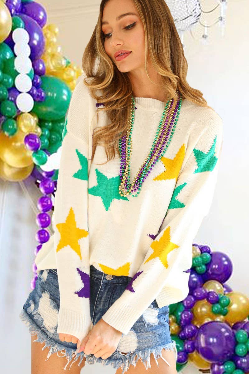 Mardi Gras Colorful Star Knitted Sweater Top