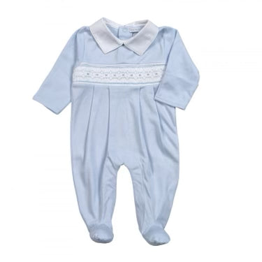 Blue classic hand smocked pima footie