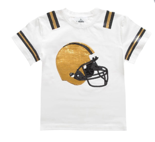 sequin black and gold helmet shirt