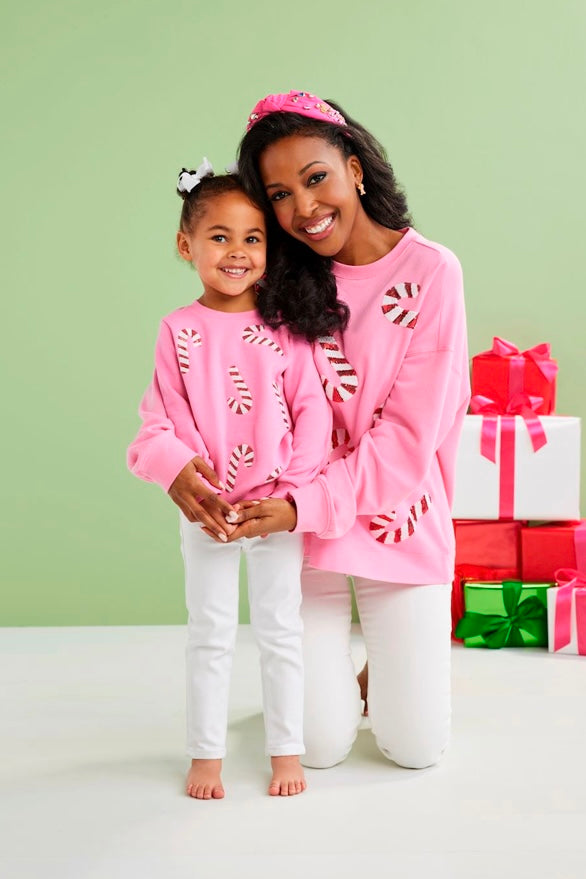 Pink candy cane ladies sparkle sweatshirt