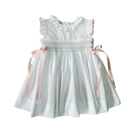 Rose White Smocked Dress With Pink Ribbons