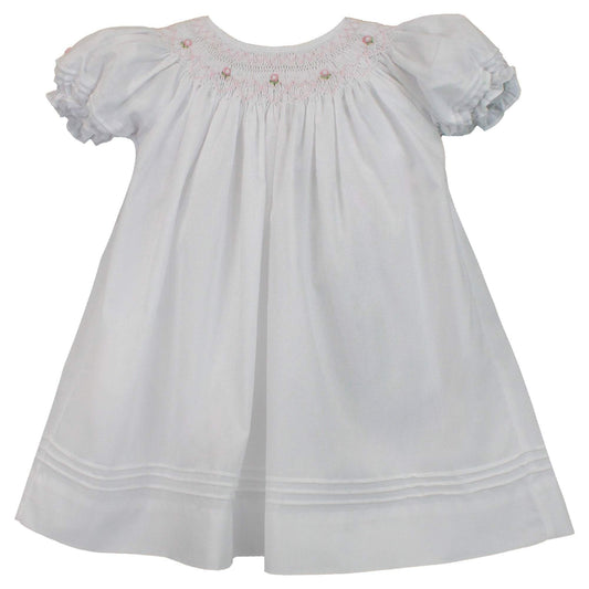 White dress with pink smocked roses