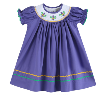 Purple Mardi Gras Smocked Bishop Dress