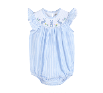 Light Blue Seersucker Easter Bunny Smocked Flutter Bubble