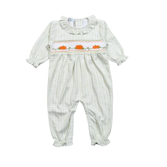 Pumpkin smocked Pima girl romper