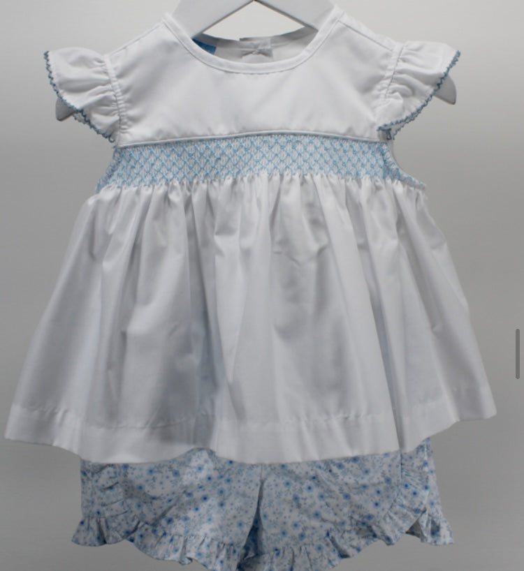 white and blue short set with blue smocking