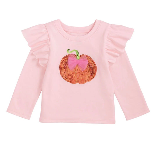 Ruffle Shoulder Pink Sequin Pumpkin Shirt