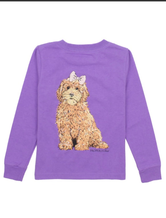 Golden doodle light purple shirt