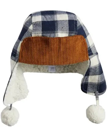 White and Navy Plaid Sherpa Hat