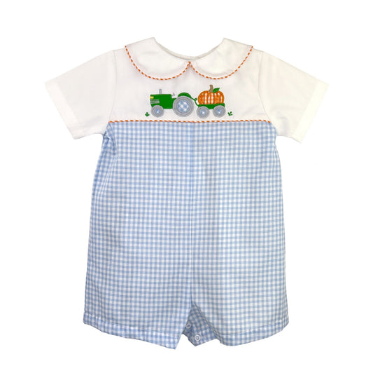 romper with tractor and pumpkin appliqué