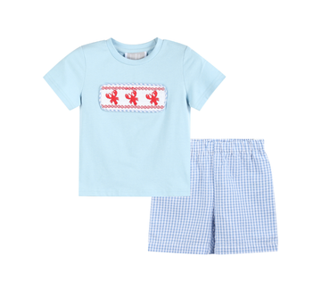 Blue Gingham Crawfish Smocked Shirt and Short set