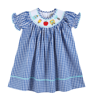 Royal Blue Gingham School Smocked Bishop Dress