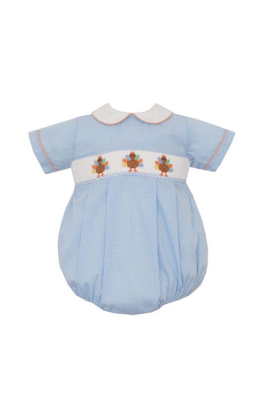 Blue Check Smocked Turkey Boy Bubble