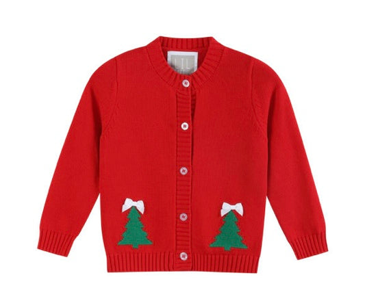 Red knit Christmas tree cardigan