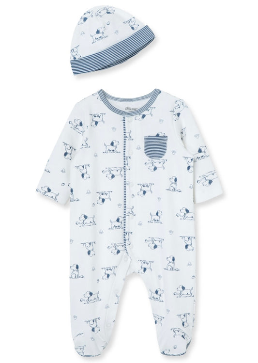 Blue Puppy Toile Footie and Hat