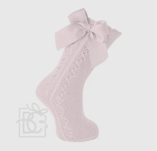 Light Pink Scottish Yarn Openwork Bow Knee High Sock