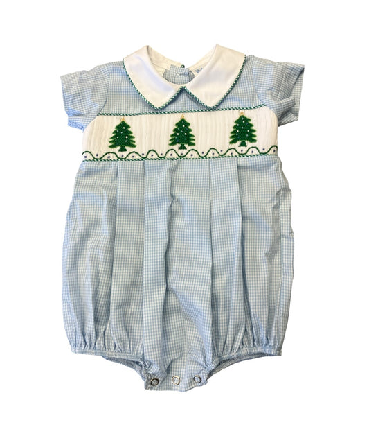 Blue Pleated Bubble With Smocked Christmas Trees