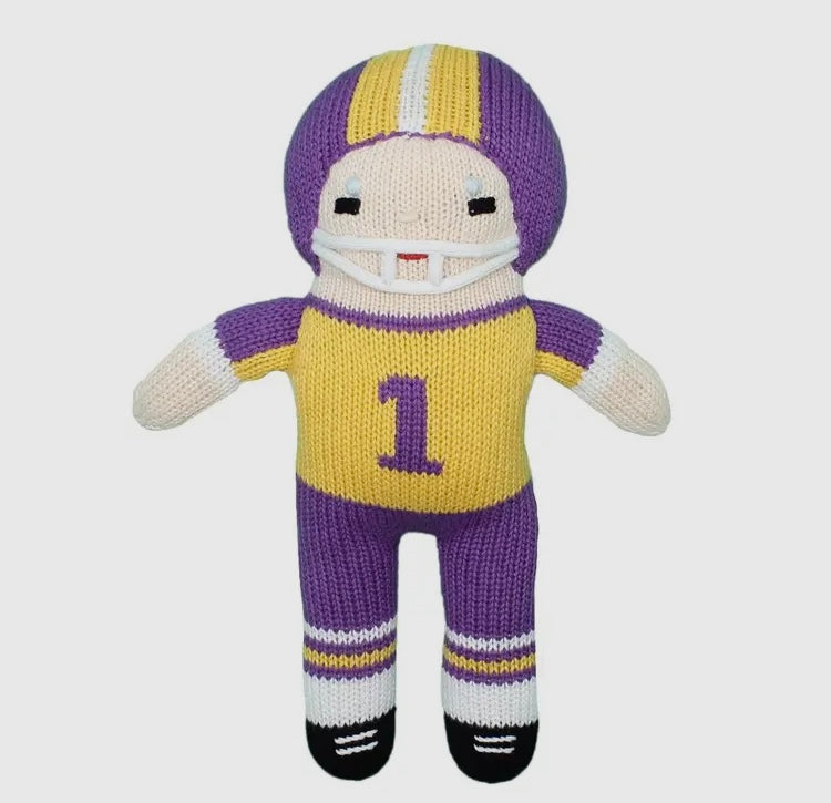 Purple and Gold football crochet rattle