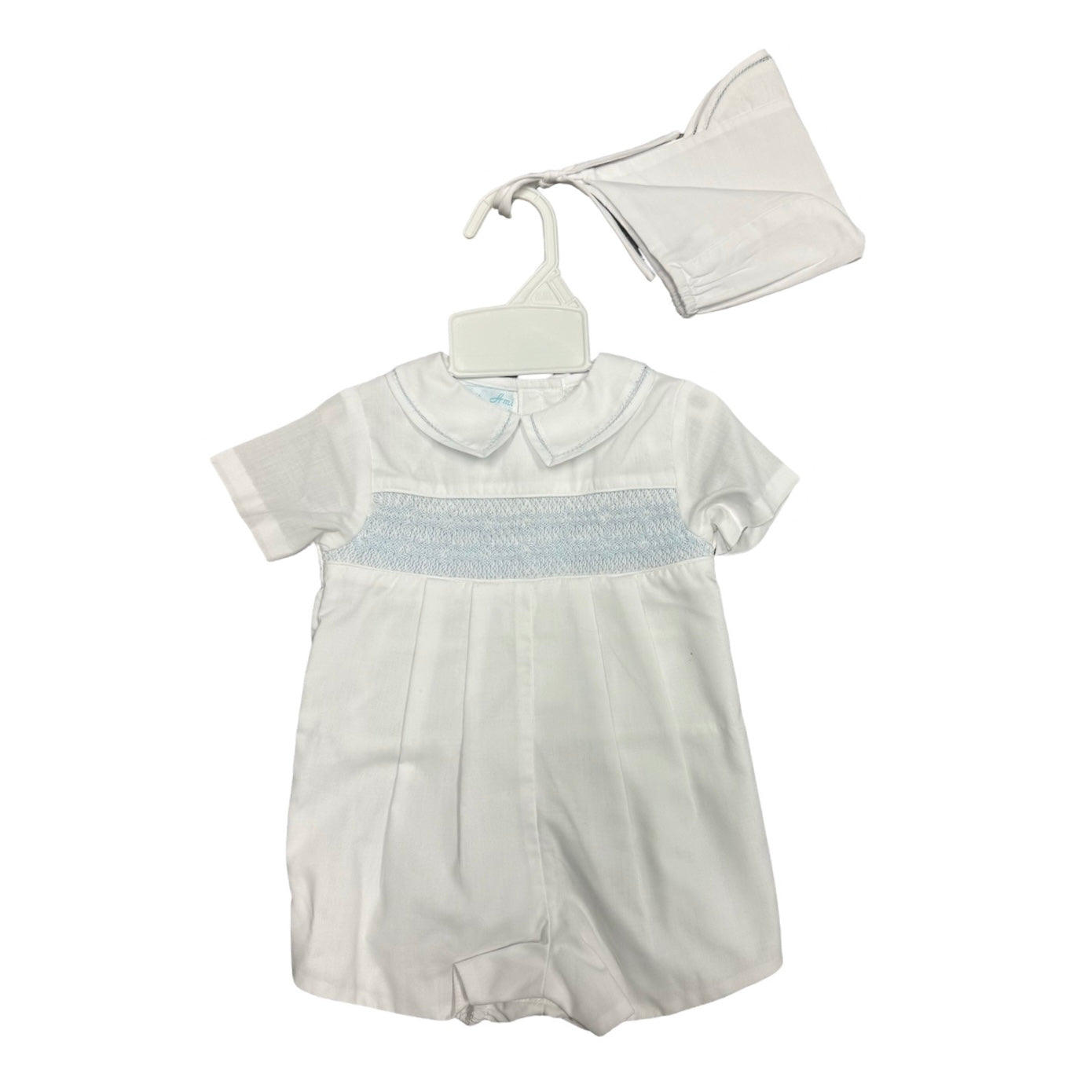 White shortall with blue smocking