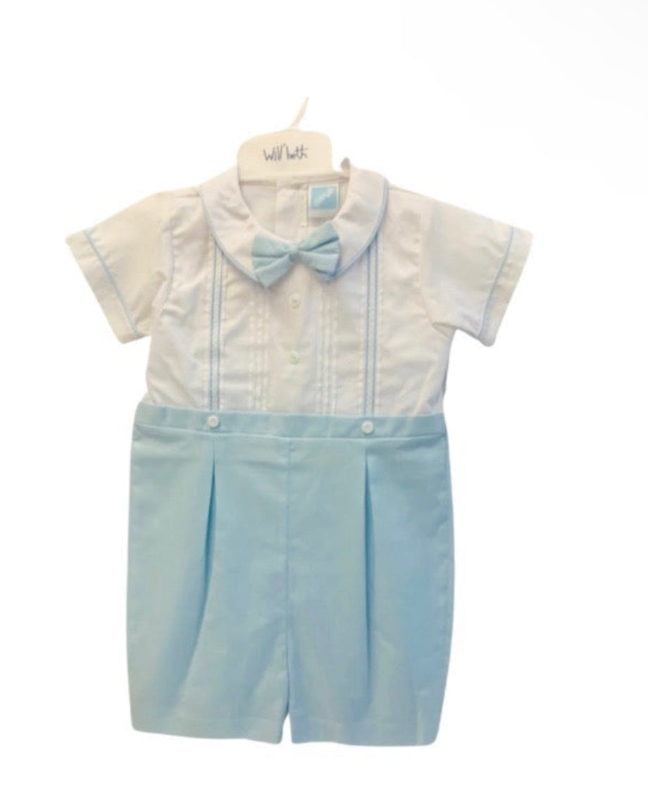 Blue and White Pleated Romper with bow tie