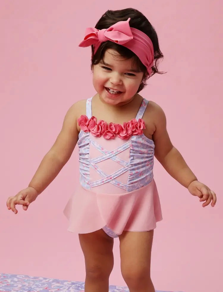 Girls Lavender Floral Princess Dress-Up One Piece Swimsuit