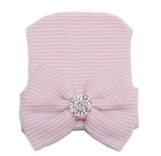 Pink Striped Beanie Cap with Rhinestone Bow