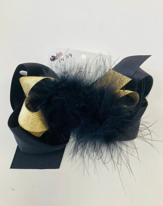 Black and metallic gold feather bow