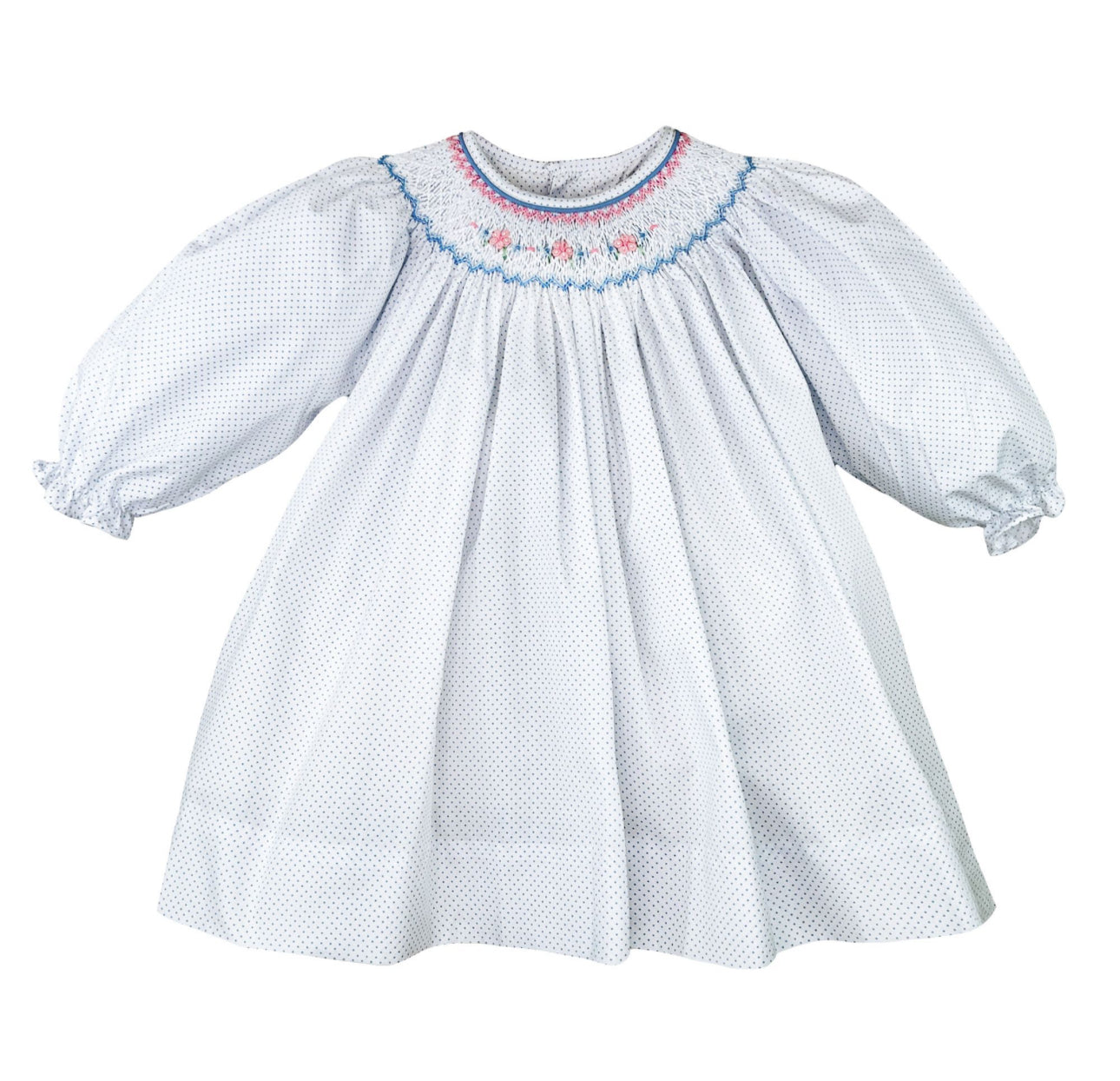 White dress/blue with bishop smocking