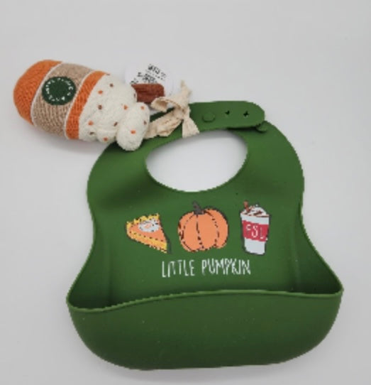 Pumpkin spice silicone bib & rattle set